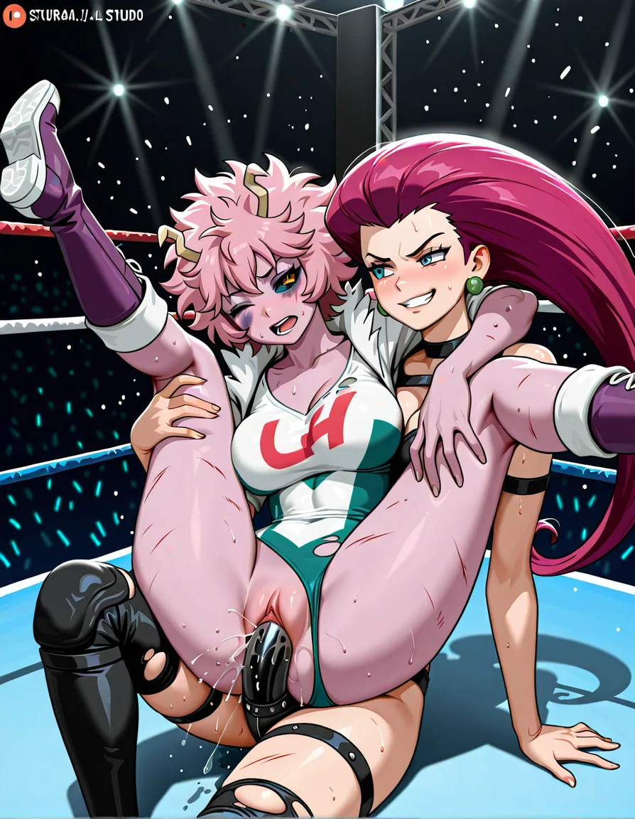 2girls , Best_quality, ultra_detailed, mina_ashido , @jessie_(pokemon) , yuri sex ,wrestling_ring wrestling defeated, pussy_juice squirting orgasm , strap-on vaginal,, bruised wince, torn_clothes,, torn_shirt leg_up, hentai_studio_quality