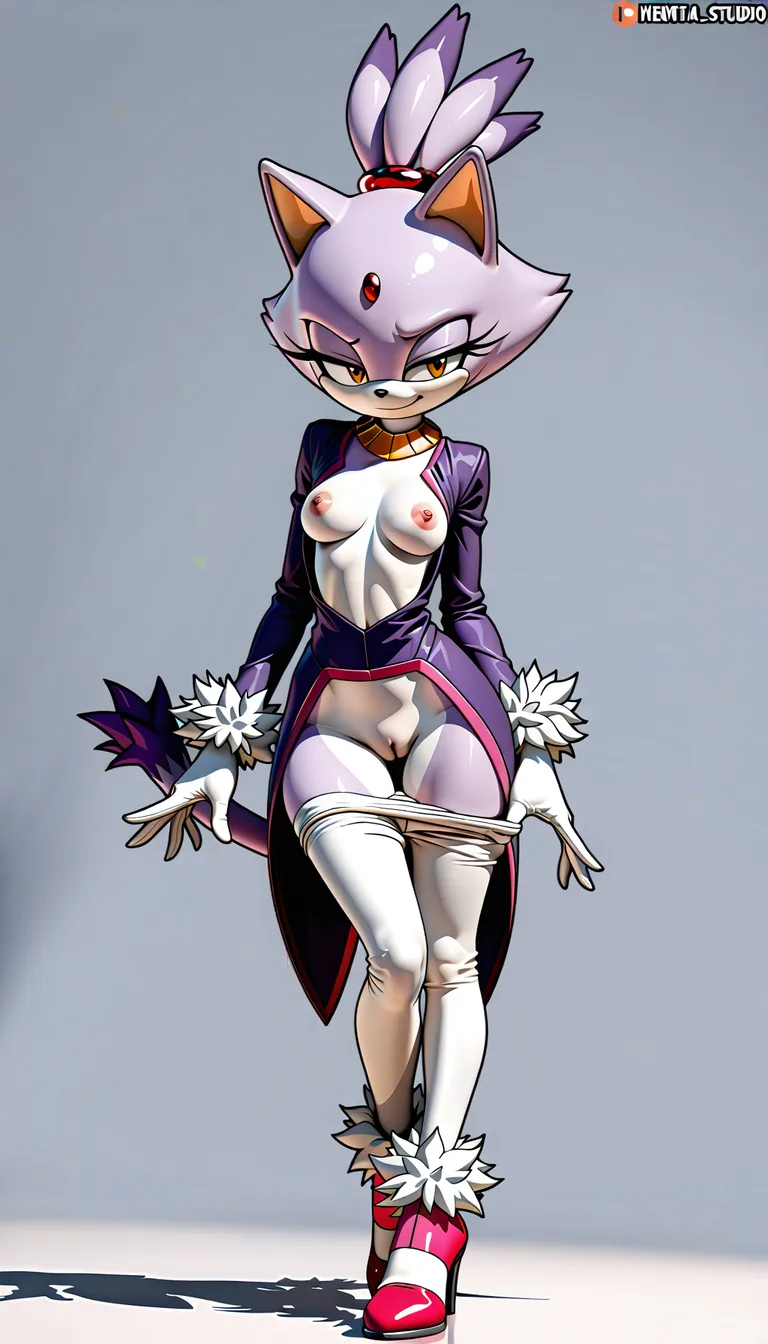 Blaze the Cat, mature female, purple fur, red jewel, royal purple tailcoat with rose-pink trim, a gold neck collar, white leggings, white gloves with fluffy white cuffs, and rose-pink high-heeled shoes gold collar. Pussy, Nipples. (Style: 2.5D anime style, cell-shading style, vector lineart over 3D shading). Confident sultry smirk, pulling leggings down, seductive pose, highly detailed, masterpiece, polished digital art., hentai_studio_quality, hentai_studio_quality, hentai_studio_quality, hentai_studio_quality, hentai_studio_quality
