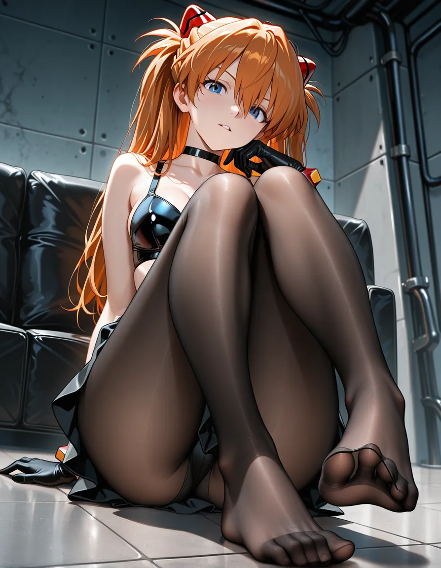 @souryuu_asuka_langley #feet #black_gloves #black_pantyhose #choker #skirt #sitting #looking_at_viewer, hentai_studio_quality
