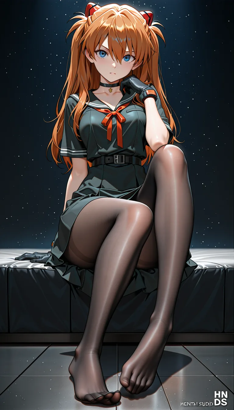 @souryuu_asuka_langley #feet #black_gloves #black_pantyhose #choker #skirt #sitting #looking_at_viewer, hentai_studio_quality, hentai_studio_quality, hentai_studio_quality