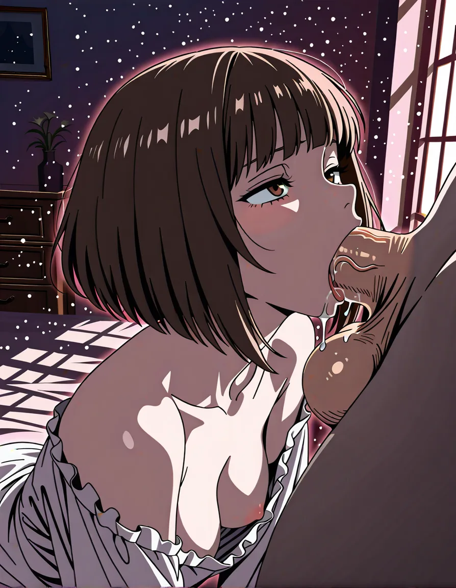 comicbook style,masterpiece,best quality, very awa, grandiose, clean lines,
light particles, nsfw, 1girl, dark brown hair, brown eyes, pink lighting, dramatic shadows, (messy bob cut), medium breasts, down blouse,blouse down, (exposed breasts), skin indentation, side view, from above, (1boy, huge cock:1),balls, cock worshipping, open mouth, femdom, (rough deepthroat:1), bedroom, scenery, lightrays, window, drool
<segment:yolo-face_yolov8m-seg_60.pt,0.6,0.5//cid=11> looking at viewer, (anime style:1.3), 2d, anime screencap, cel shading, flat color, @00osamio00