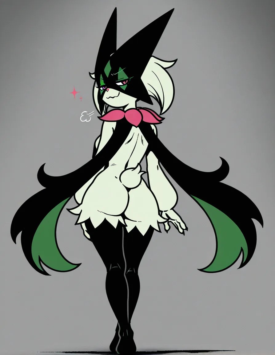 akairiot_artstyle, @meowscarada, pokemon_(creature), 1girl, ass, solo, smug, standing, looking_back, full_body, from_behind, (anime style:1.3), 2d, anime screencap, cel shading, flat color, @00osamio00