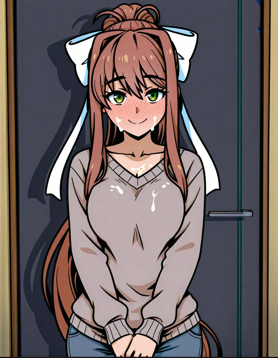 akairiot_artstyle, @monika_(doki_doki_literature_club), 1girl, smile, full-face_blush, sweater, facial, cum, standing, looking_at_viewer, (anime style:1.3), 2d, anime screencap, cel shading, flat color, @00osamio00