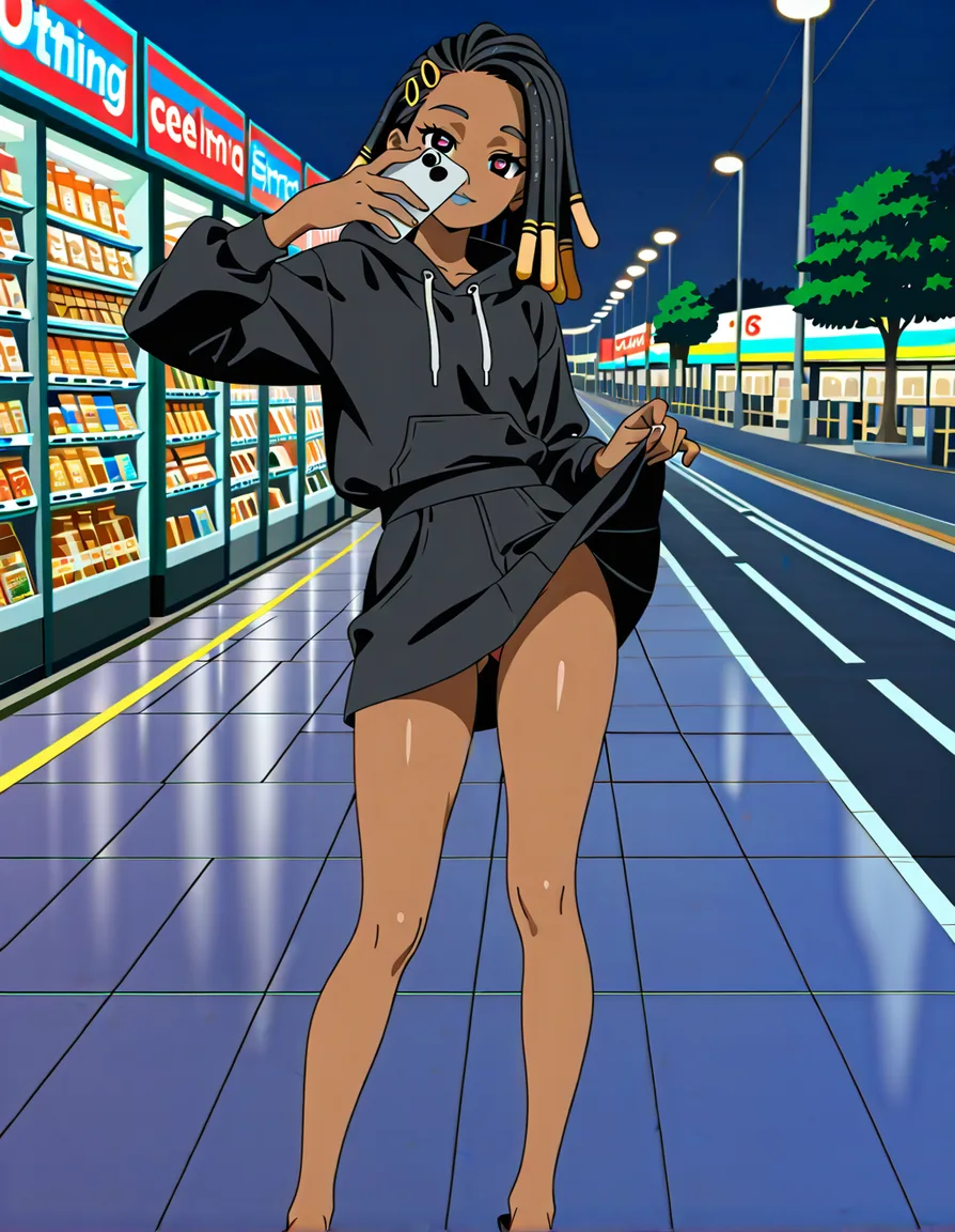 masterpiece, best quality, dark dark-skinned_female, grey lipstick, medium height, sandals, short skirt, skirt_lift ,puffy_sleeves, hoodie, long legs, full_body, feet, shiny_skin, round ass, ass_visible_through_thighs, curly_hair, long_hair, dreadlocks, hair_ornament , black hair, heart-shaped_pupils, teasing viewer, feet_lift, leg_lift, cock in face, pov, outdoors, grocery store, evening time, dim lighting, hentai_studio_quality, selfie, hentai_studio_quality, (anime style:1.3), 2d, anime screencap, cel shading, flat color, @00osamio00, (anime style:1.3), 2d, anime screencap, cel shading, flat color, @00osamio00, score_9, score_8, 3d render, octane render, subsurface scattering, ray tracing, smooth shading, score_9, score_8, 3d render, octane render, subsurface scattering, ray tracing, smooth shading, (anime style:1.3), 2d, anime screencap, cel shading, flat color, (anime style:1.3), 2d, anime screencap, cel shading, flat color, @00osamio00