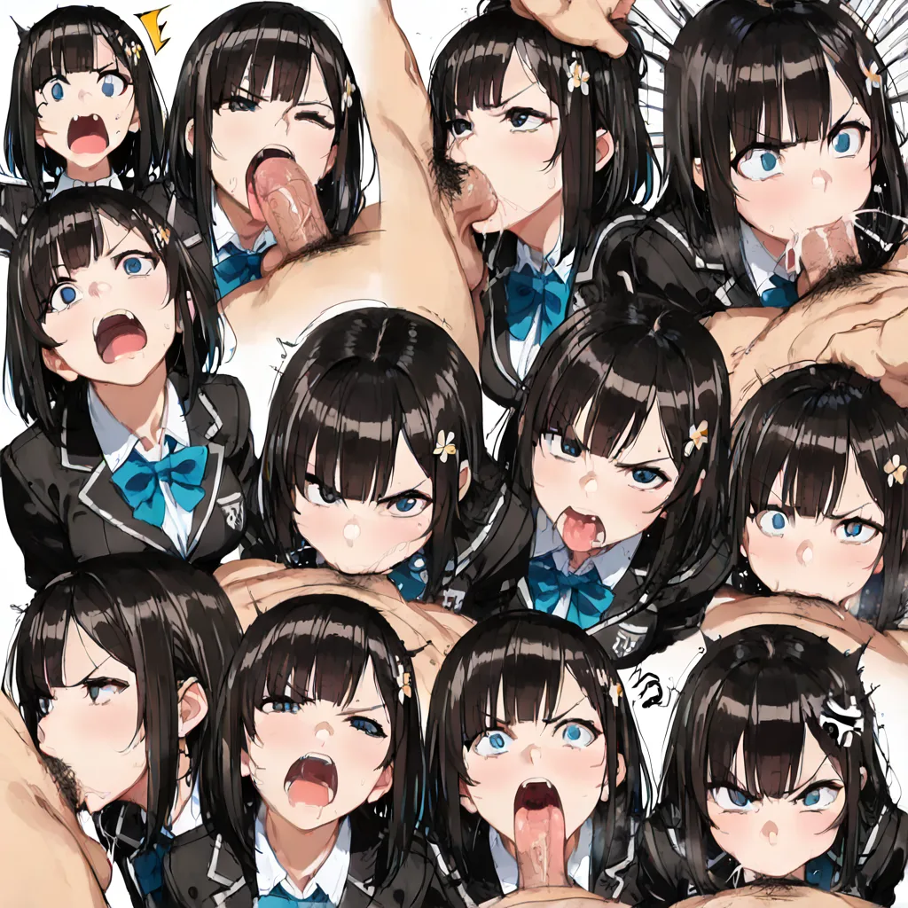 masterpiece, best quality, soft cel shading,  school_uniform, eye contact,(deepthroat_blowjob:1.5), fellatio , head bobbing, expressive, (lactation:0.8),  saliva splatter, (multiple_views:1.2), gagging, slurping tongue, grabbing_another's_hair, (face_fucking:1.8), (surprised:1.6), (angry:1.6), hentai studio quality,