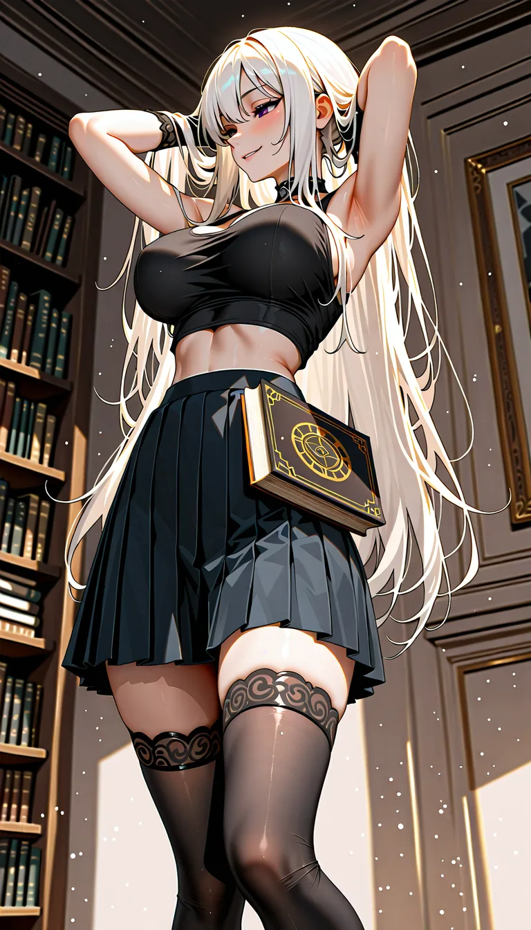 masterpiece, profile , white hair, standing, pretty body, full_body, long_hair, doujin style, gothic girl, tank top , crop top, pleated skirt, skirt black, thighhighs , large_breasts , long hair, smile, sleeveless top, cute half-closed_eyes, seductive_smile, long gloves,solo girl, front view, chocker, hentai_studio_quality, book in hands, from_below, arms in hair, hentai_studio_quality, hentai_studio_quality