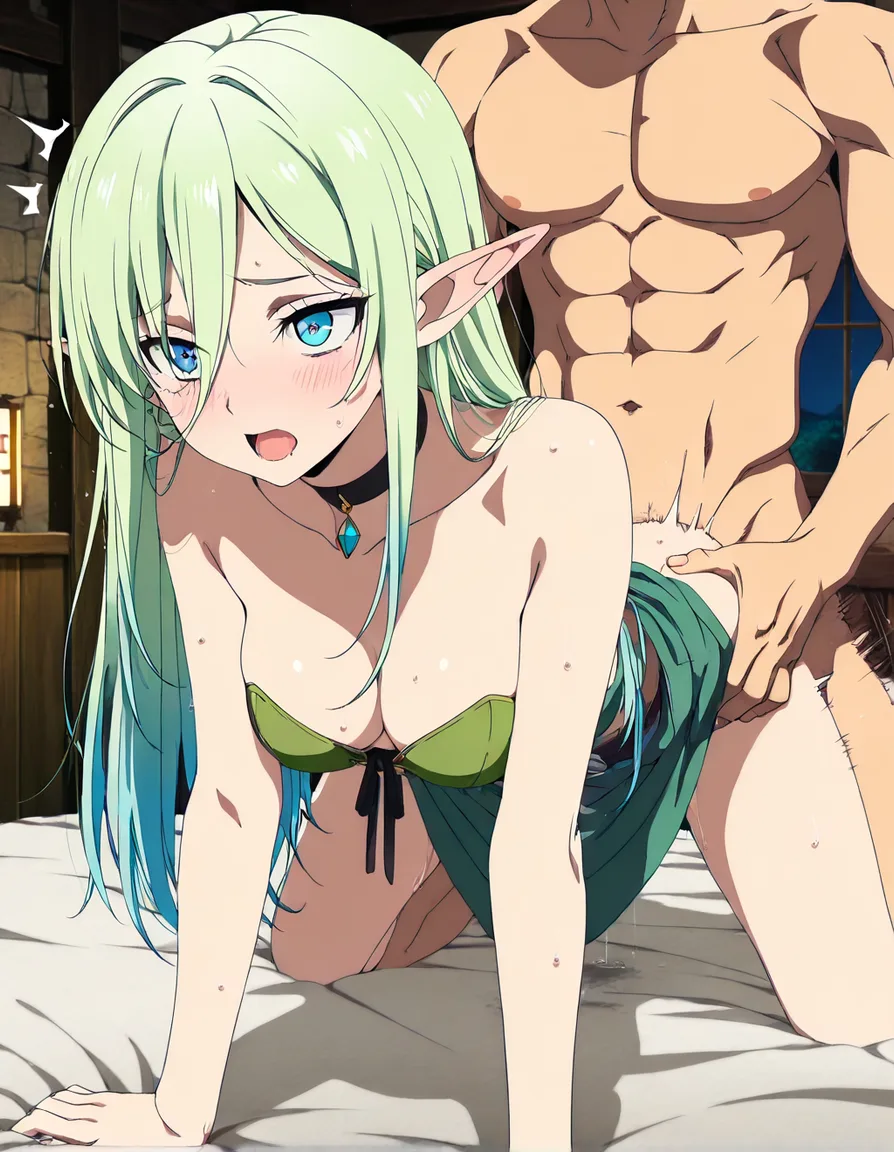 highres, vivid, elf girl, choker, doggy style, hentai style, (anime style:1.3), 2d, anime screencap, cel shading, flat color
