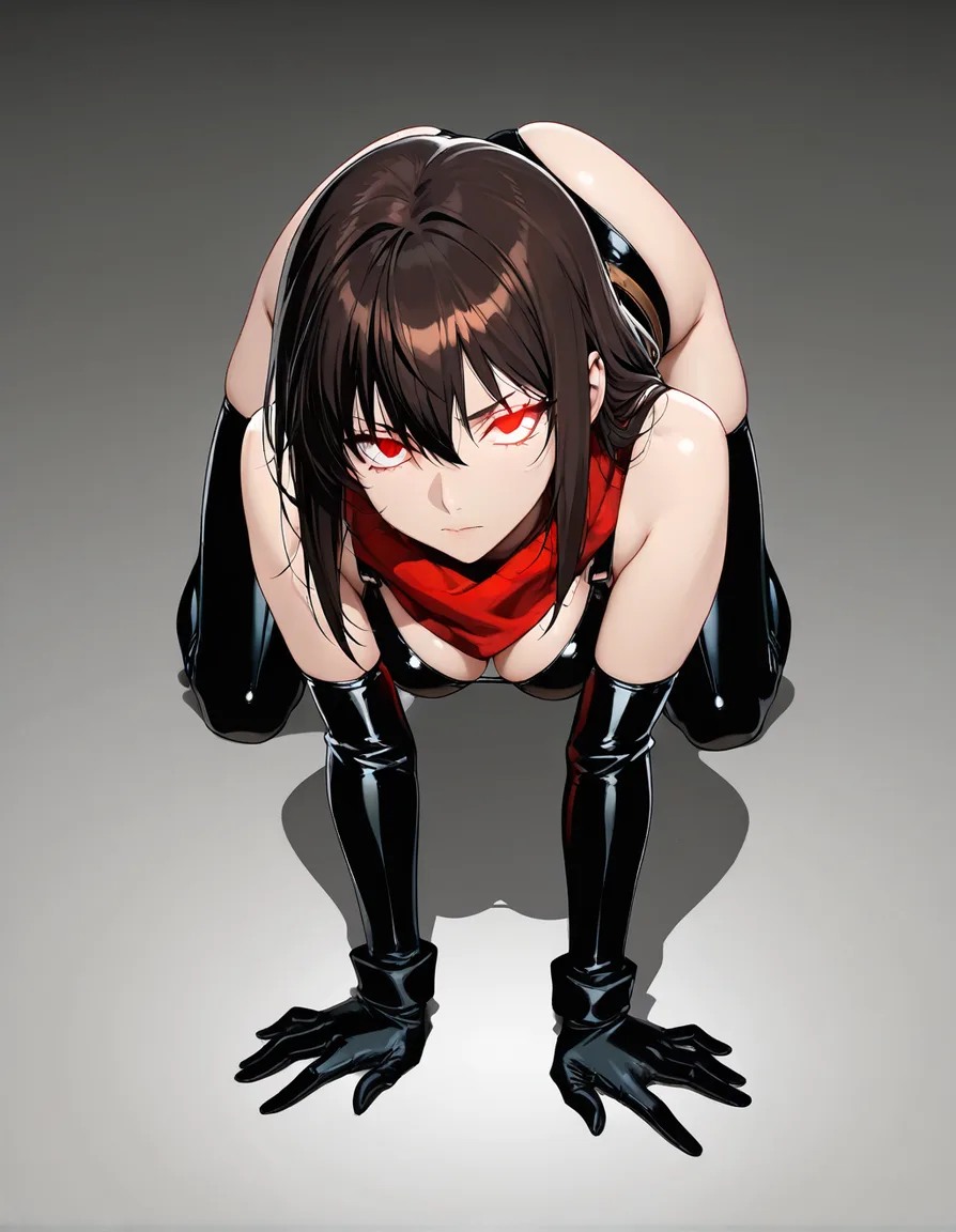 highres, vivid, brunette woman, scarf, gloves, on all fours, transparent background, lustful eyes, vivid anime colors, hentai_studio_quality