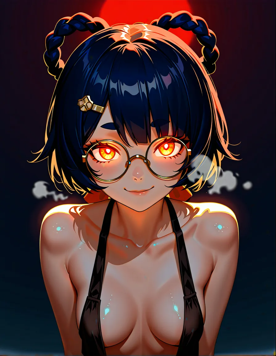 @xiangling_(genshin_impact), seductive_smile, small_breasts, /hentai_studio_quality, /masterpiece, /best_quality, /best_lighting, /ultra_detailed, /highres, no_bra, glasses, black_hair, dark_hair, looking_breasts, heavy_breathing,  no_shirt,  hentai_studio_quality, facing_viewer, no_bra, red_eyes, breasts, glowing_eyes, no bra, breasts, upper_body, nude, hentai_studio_quality, hentai_studio_quality