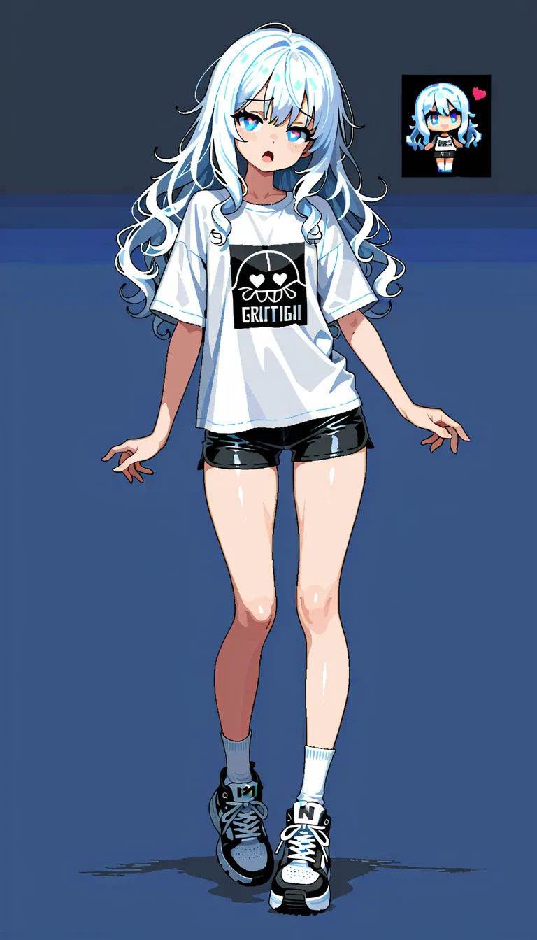 pixel art, high quality 32-bit style, clean pixels, full body sprite, front view, no background, transparent background, consistent character design, beautiful young woman, long wavy white hair, detailed pretty face, light blue eyes, fair skin, slim sexy figure, wearing a tight white button-up shirt and short black dolphin shorts, white socks and sneakers, very flushed face, open mouth, heart-shaped eyes, corrupted expression, hentai_studio_quality