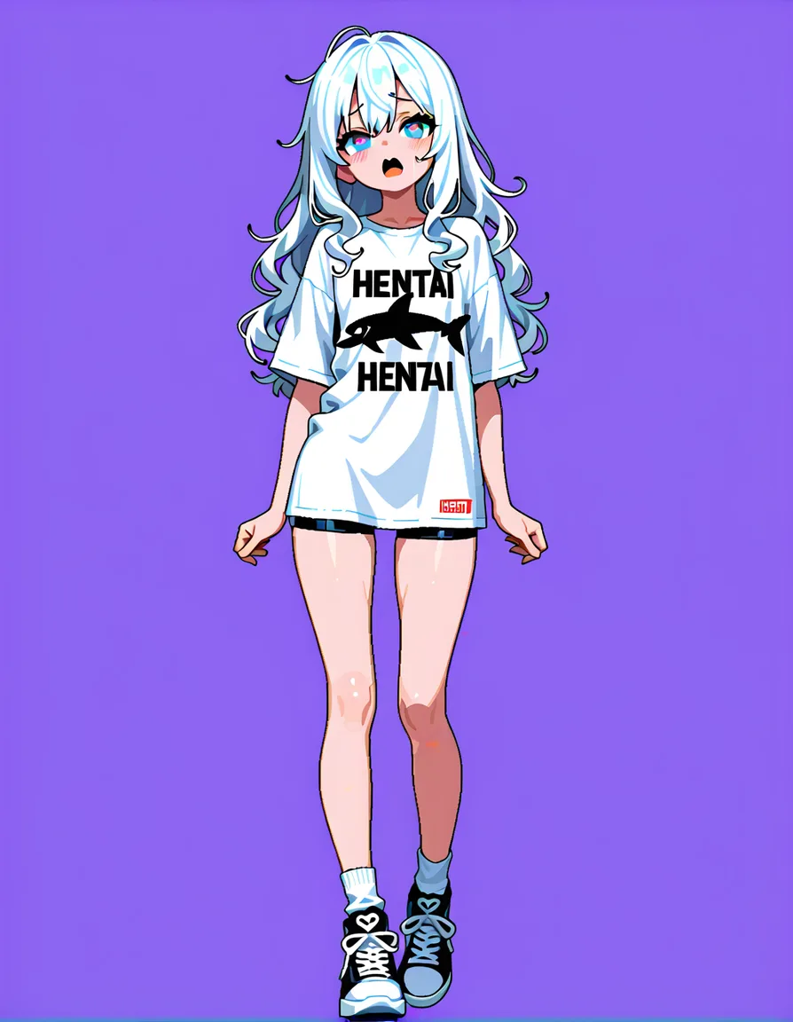 pixel art, high quality 32-bit style, clean pixels, full body sprite, front view, no background, transparent background, consistent character design, beautiful young woman, long wavy white hair, detailed pretty face, light blue eyes, fair skin, slim sexy figure, wearing a tight white button-up shirt and short black dolphin shorts, white socks and sneakers, very flushed face, open mouth, heart-shaped eyes, corrupted expression, hentai_studio_quality, hentai_studio_quality, hentai_studio_quality, hentai_studio_quality, hentai_studio_quality