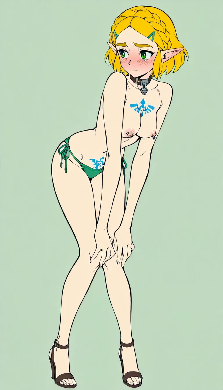 @princess_zelda, side-tie_bikini_bottom, topless, high_heels, collar, chest_tattoo, embarrassed, medium_breasts, nipple_piercing, getting on her knees