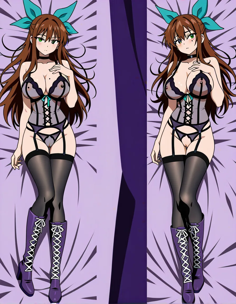 Anime character reference sheet, full body, female, neck length short ash-brown hair with chest length long side locks, large teal ribbon on head, green eyes, black choker. Big perky breast with a mole on the upper left side of the left breast, Wearing a transparent purple lingerie with visible nipple, black thigh-high stockings, and black knee-high boots with purple heels. Bushy pussy Punk pop aesthetic, cel-shaded, laying in bed, high quality.", (anime style:1.3), 2d, anime screencap, cel shading, flat color