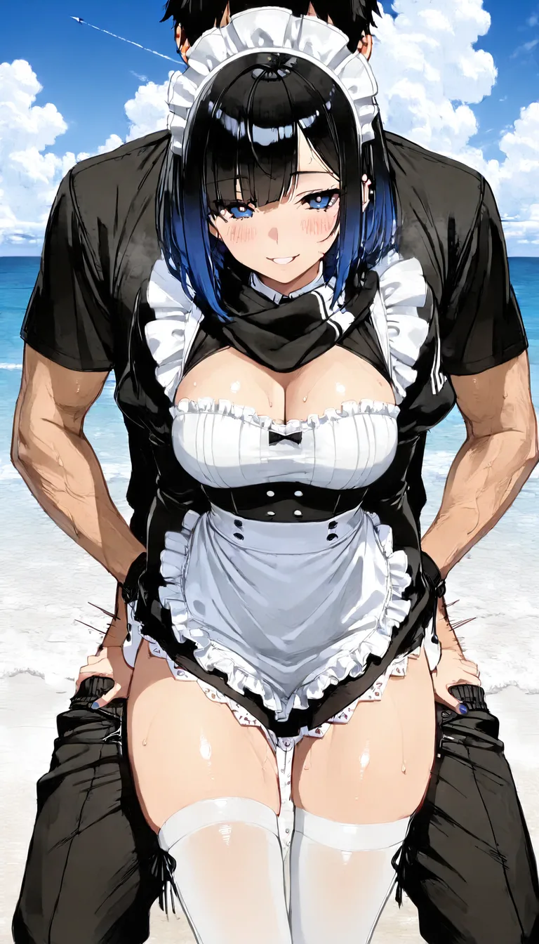 highly detailed, vibrant, maid, teasing, scarf, official alternate costume, cloud, cel shading, sex_from_behind