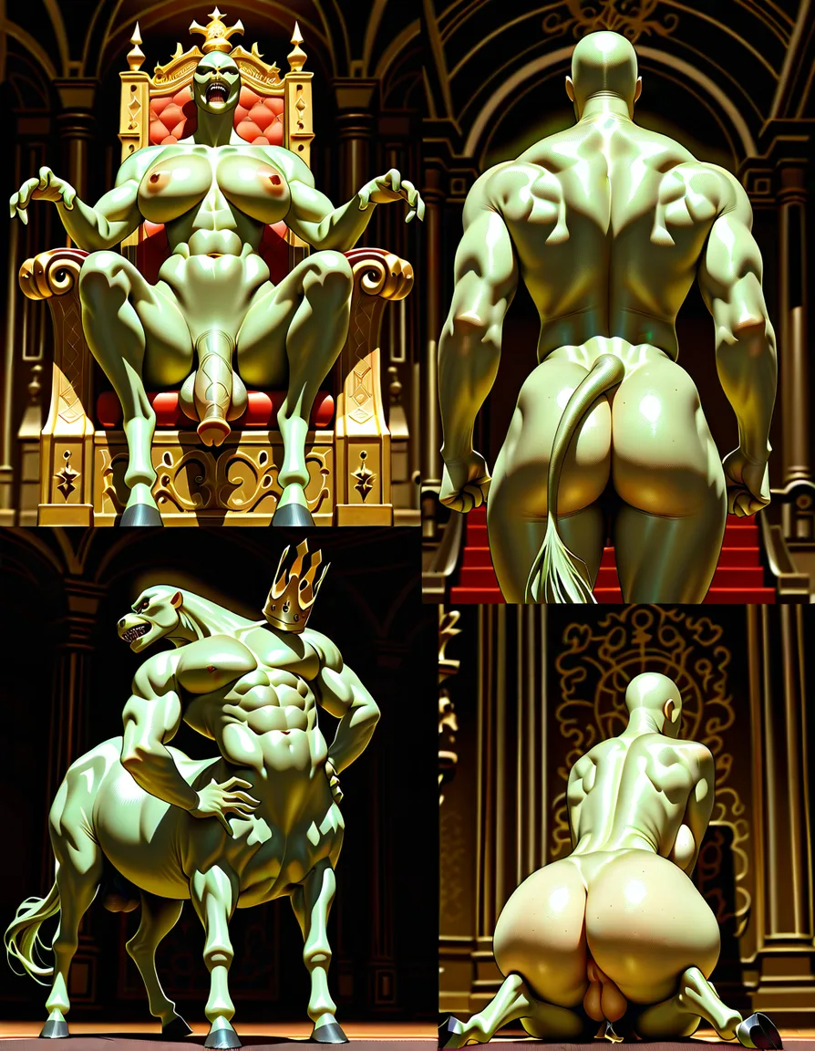Masterpiece, best quality, ultra-detailed NSFW anime character sheet, Inuzuke + Vagabond + Slam Dunk style fusion, clean decisive linework with deep cel shading, hyper-realistic textures and dramatic lighting, expressive stylized face, vivid colors, saturated palette, exaggerated curves: extremely thin waist, massive breasts, wide hips, round big ass, long legs, muscular human king with broad shoulders, muscular centaur body with green skin, front view, 3/4 view, side view, back view, dynamic action pose: king and centaur standing dominant together with both thick veiny cocks visible and erect, in royal throne room, explicit NSFW, high detail, 8k, dramatic lighting, seed:1234567890, hentai_studio_quality