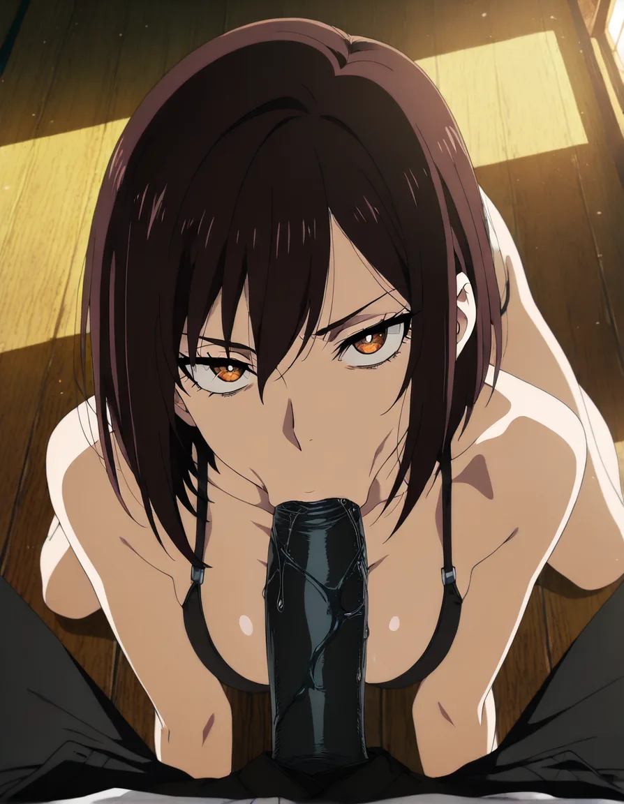highly detailed, sharp, brunette woman, blowjob, bare legs, doujin style, (anime style:1.3), 2d, anime screencap, cel shading, flat color