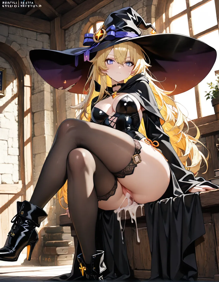best quality, explicit detail, witch, crossed legs, creampie, black footwear, blonde hair, sunlight, eroge aesthetic, hentai_studio_quality