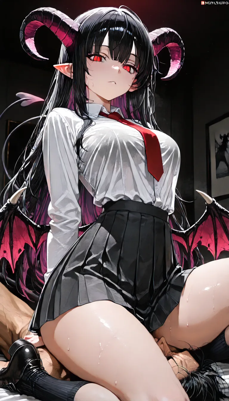 ultra detailed, demon girl, pleated skirt, facesitting, dominant stare, explicit anime render, hentai_studio_quality