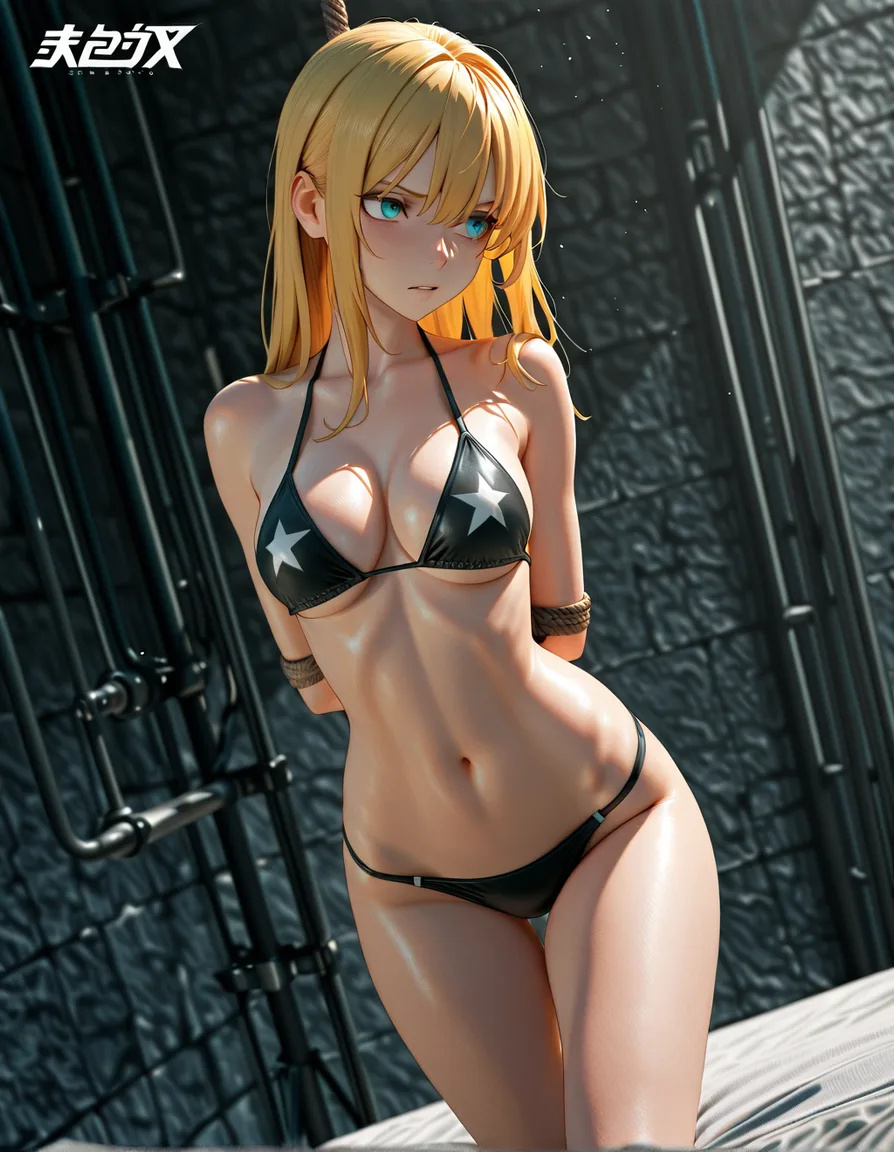 highly detailed, sharp, solo, bikini, bondage, dutch angle, blonde_hair ,pussylips, score_9, score_8, 3d render, octane render, subsurface scattering, ray tracing, smooth shading