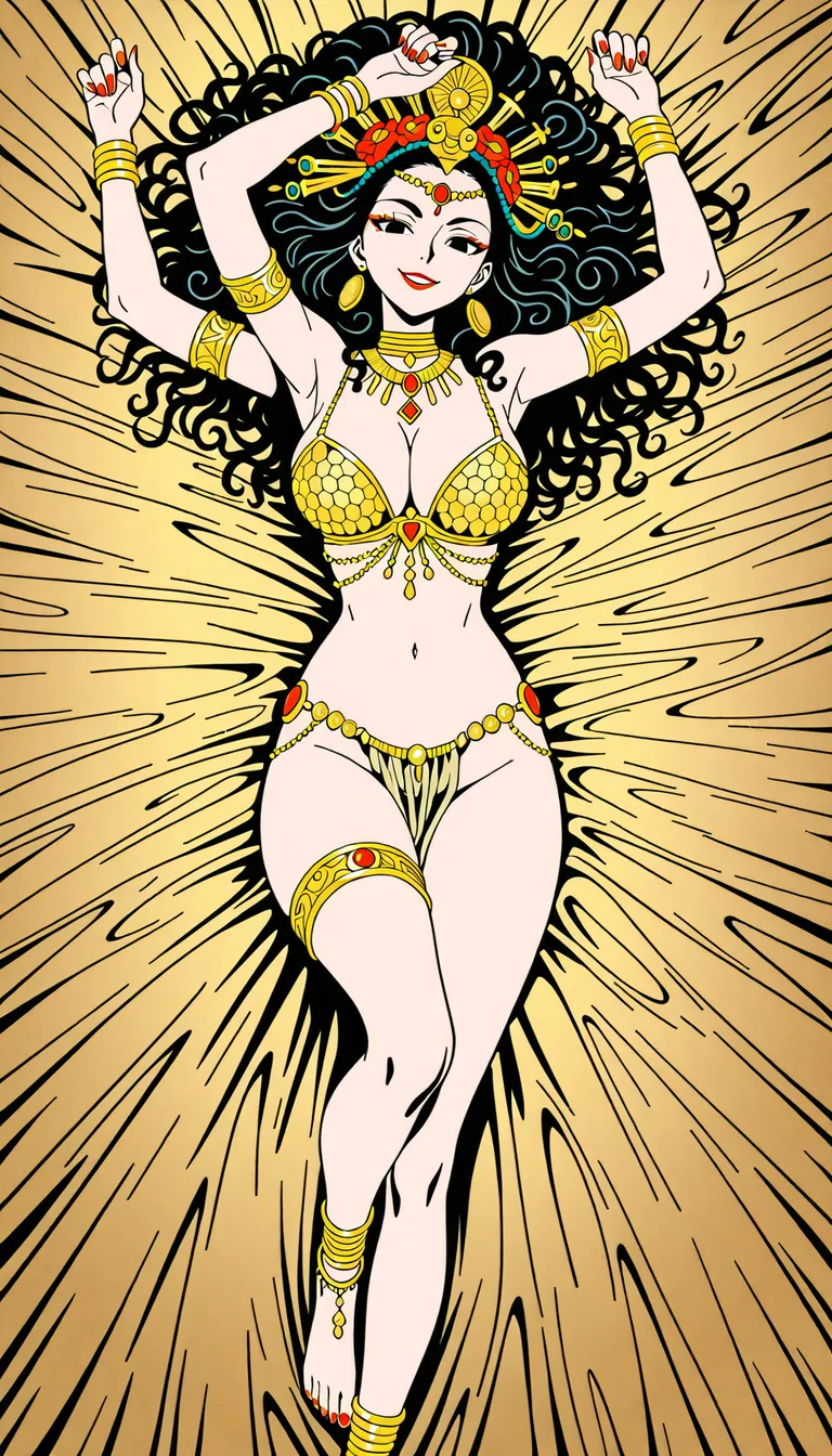 Graceful Hindu goddess Mother Maa Durga with fair skin and multiple arms and natural curvy figure having sex with viewer, long black curly hair upto hips, black eyes with fine longer lashes, from_front_position, missionary position deep penetration on a golden bed, sexy erotic smile, devine look, bright red lipstick, nailpolish, gold Intricate triangle  cup bra with cleavage, adorned in intricate make up, armlets, bracelets, anklets, thighlets, cummerbund, ornaments, necklace, flowers around, Realistic Movements, flat colour 2d