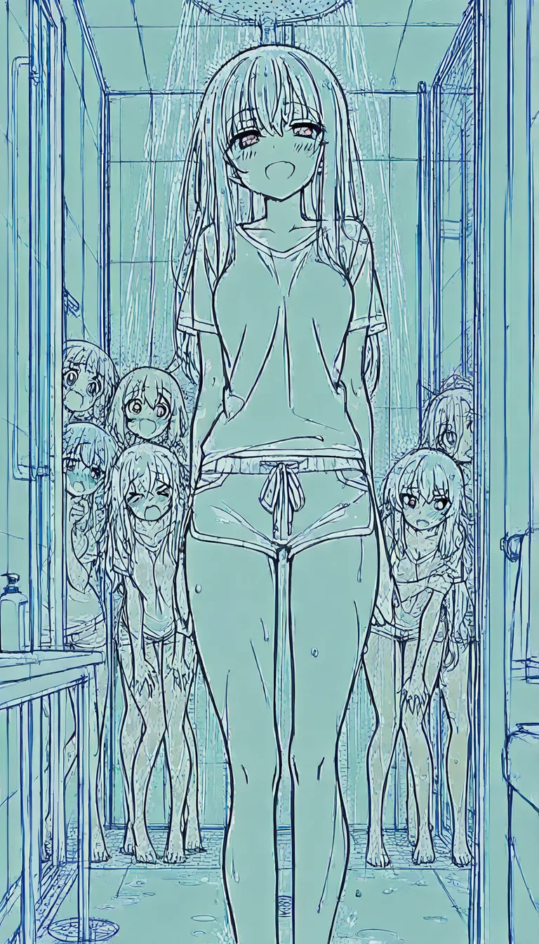 masterpiece, finely detailed, 5girls, legs, shorts, showering, moaning, table, playful expression, POV, clean lineart