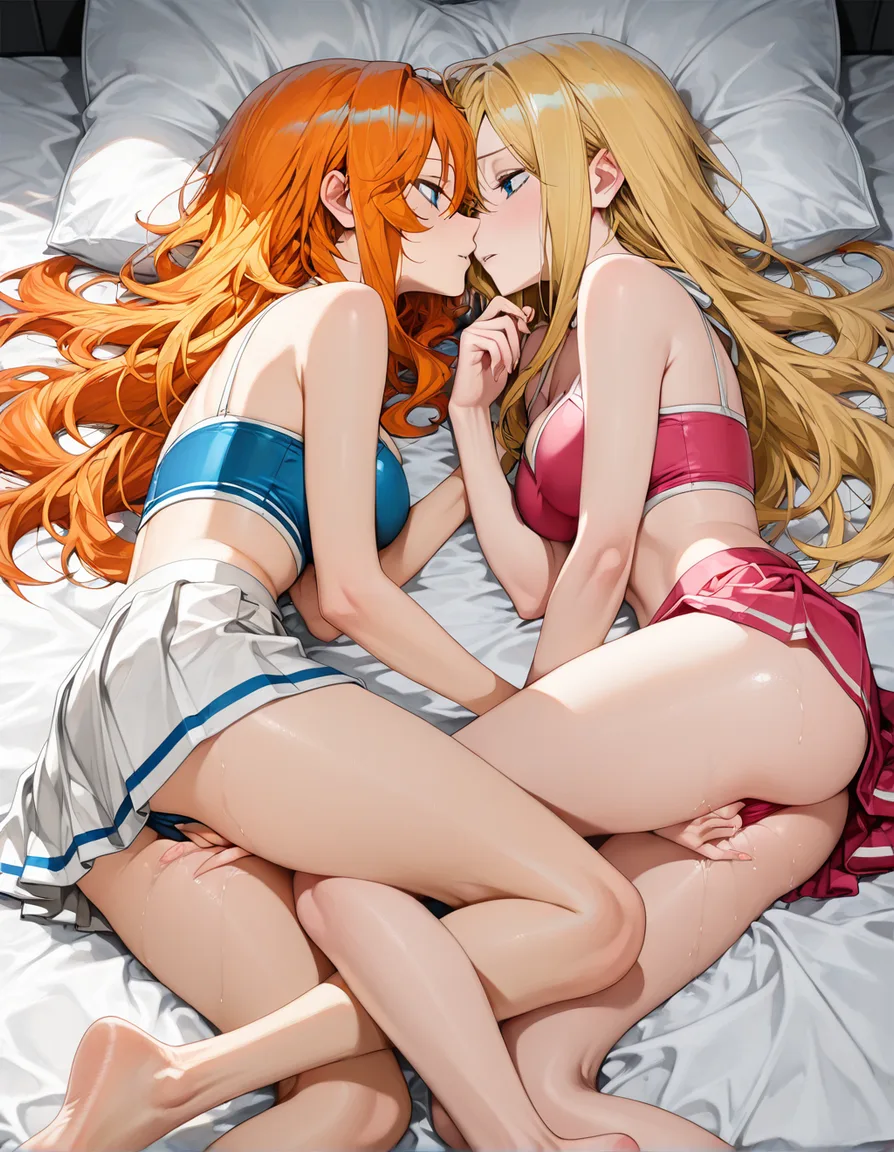 anime yuri orange_hair blue_eyes 2girls blonde_hair barefoot white_background skirt lying fingering 18years long_hair cute, hentai_studio_quality