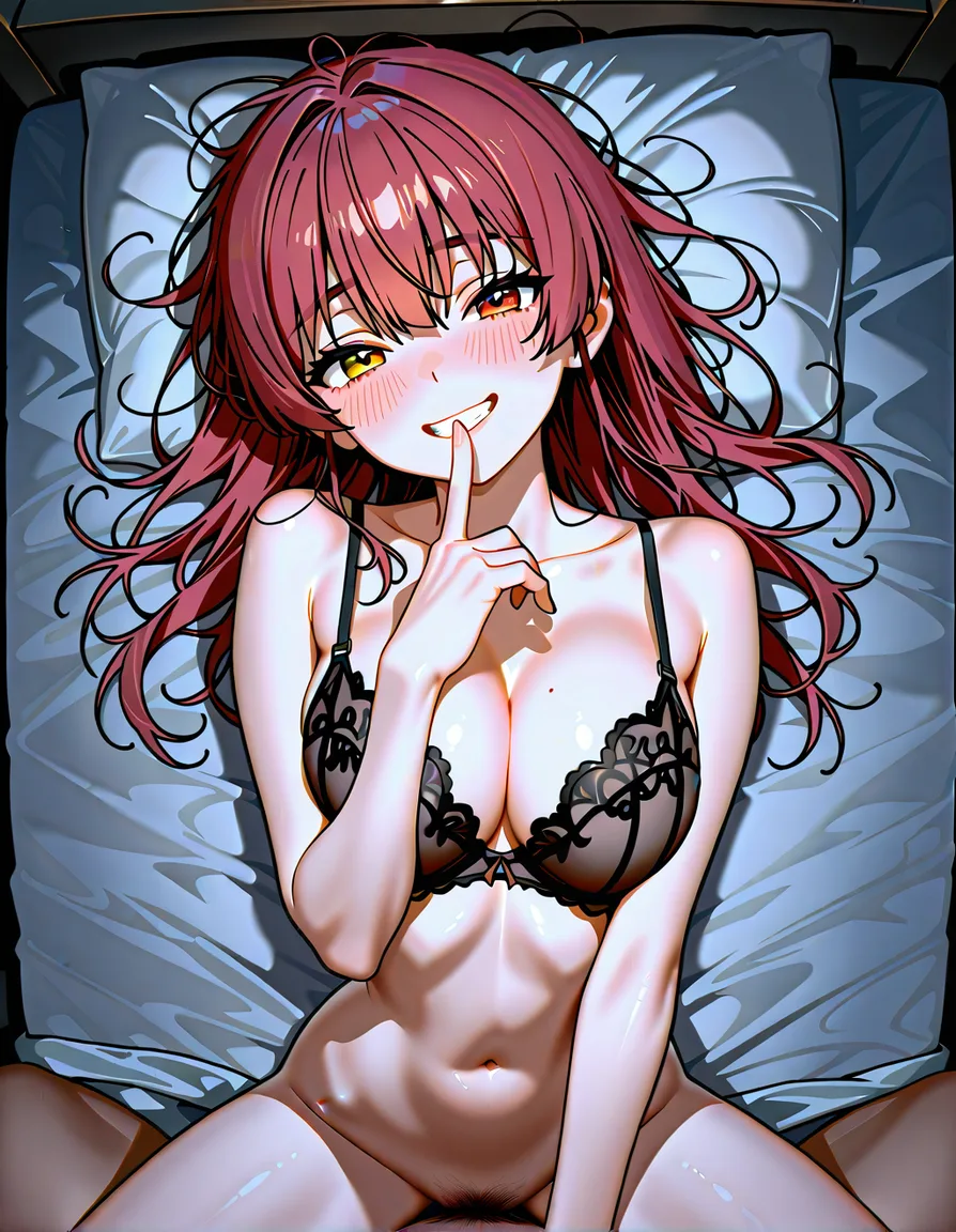 Houshou marine. black lingerie bra, medium_breasts, no_panties, dark pubic_hair, bedroom, night, on_bed, missionary, messy_hair, hair hair_down, looking at viewer, smiling, blushing, finger_to_mouth, looking_at_viewer, from_above, pov, hentai_studio_quality