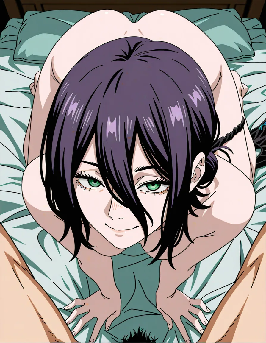 best quality, @reze_(chainsaw_man) , pubic_hair, legs open, presenting, fully nude, panties_around_one_leg, match pubic hair color to hair color, fix hair color, seductive_smile, point of view from_behind, all_fours on bed, (anime style:1.3), 2d, anime screencap, cel shading, flat color
