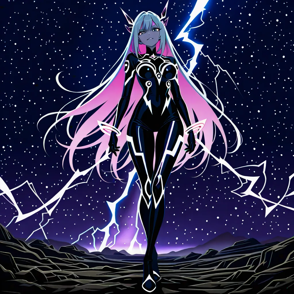 Full-body view of a commanding woman in a fierce yet seductive stance, weight shifted to one hip, chin slightly raised in superiority, wearing a form-fitting glossy black-and-neon catsuit with sharp angular cutouts and metallic accents, hands relaxed but ready at her sides, long hair whipping into fractal energy trails, surrounding space filled with dark swirling mandalas and electric purple lightning, dramatic low-key lighting with neon highlights, powerful and alluring, (anime style:1.3), 2d, anime screencap, cel shading, flat color, @00osamio00