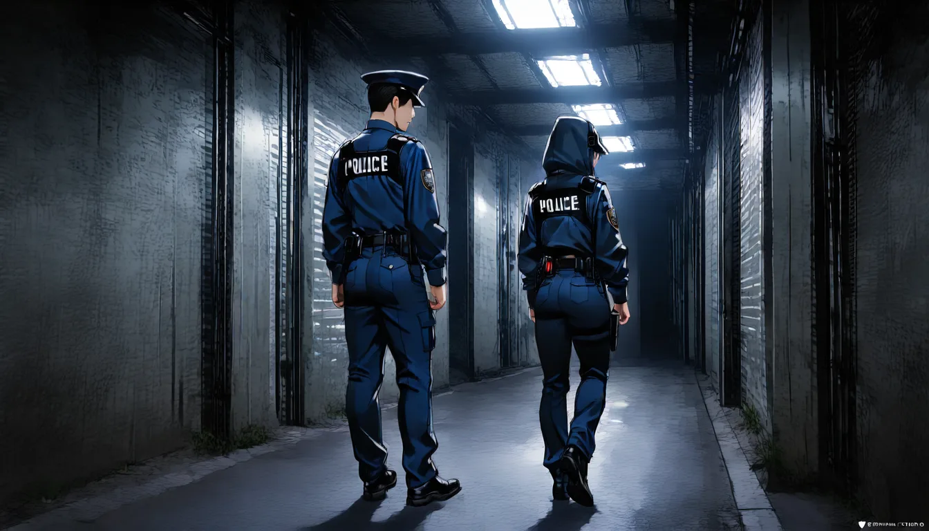 8k, sharp focus, detailed skin, wide shot, police uniform, sucks a giant dick of a short prisoner