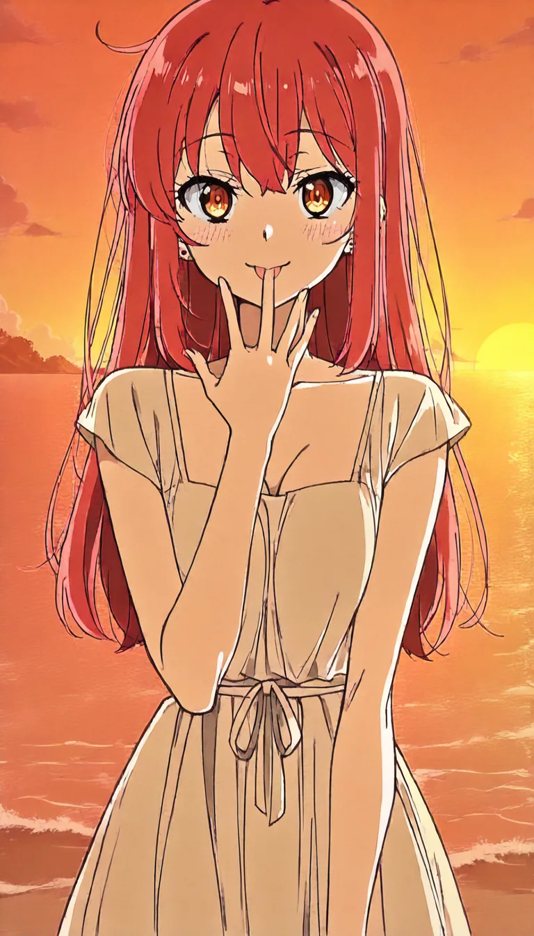 ultra HD, lifelike, redhead woman, dress, teasing, golden hour, lifelike render, fellatio