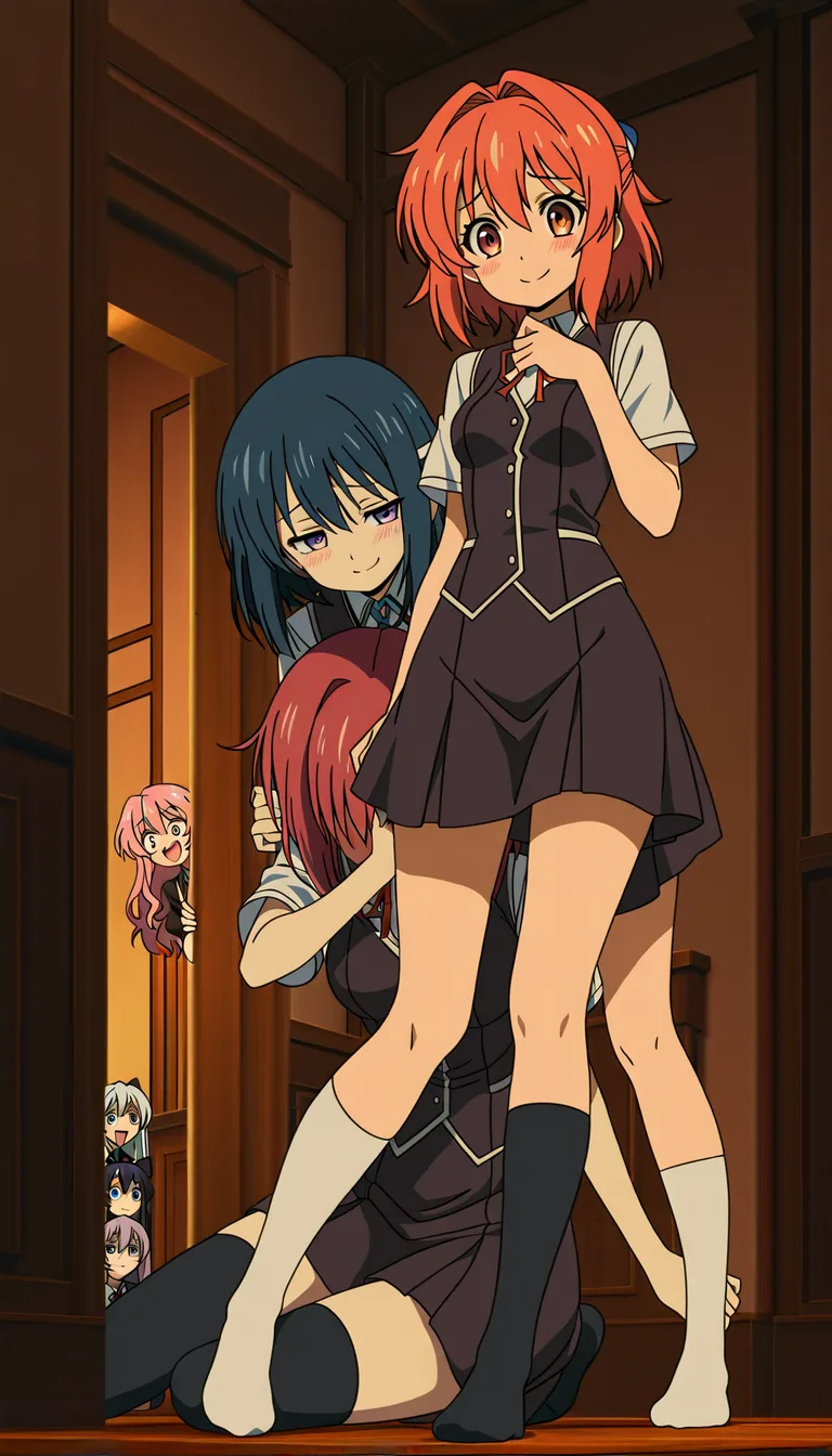 highly detailed, sharp, 4girls, thighhighs, socks, blowjob, indoors, shy smile, visual novel art, (anime style:1.3), 2d, anime screencap, cel shading, flat color, @00osamio00
