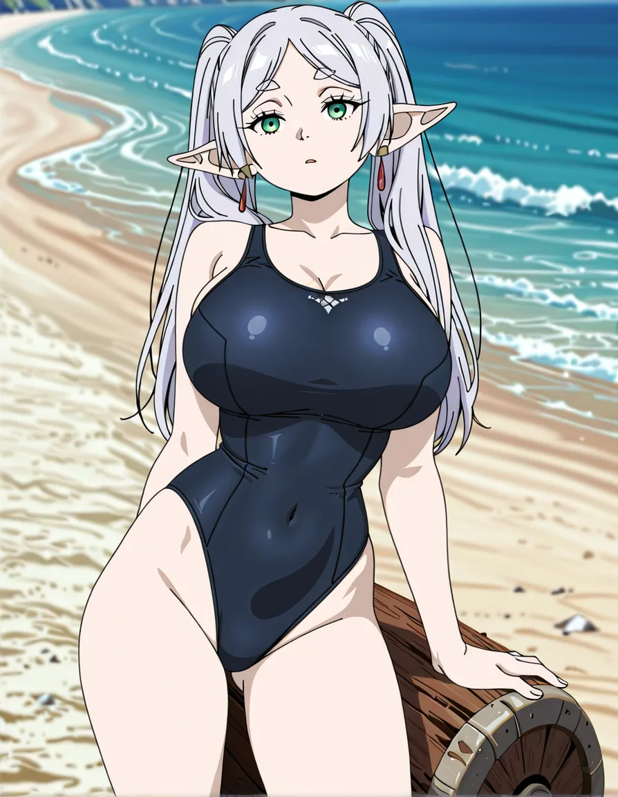 1girl , Frieren (Sousou no Frieren), masterpiece, best quality, ultra-detailed, huge_breasts, over, one-piece_swimsuit, beautiful face, detailed face, detailed eyes, beach, (anime style:1.3), 2d, anime screencap, cel shading, flat color