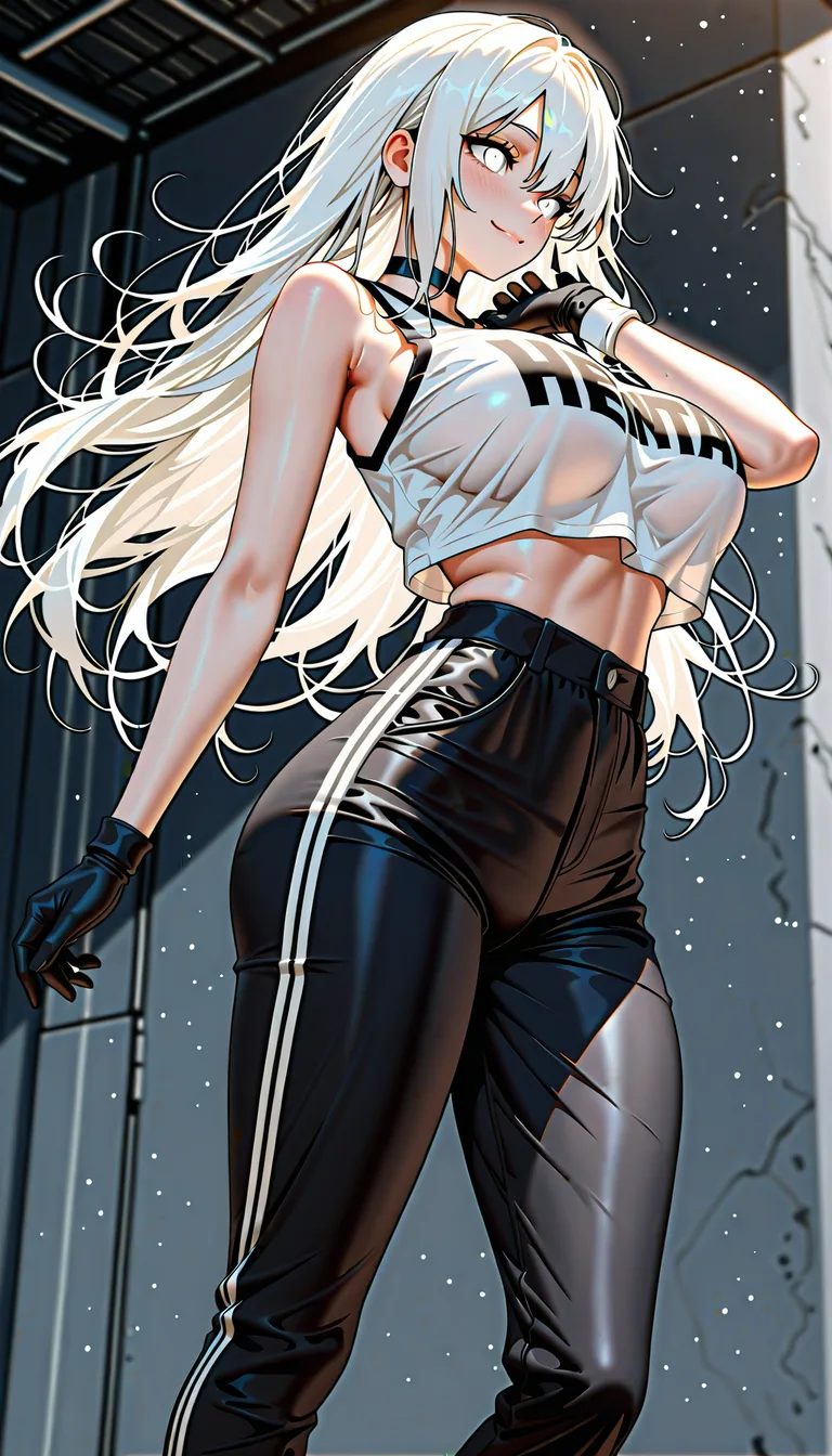 masterpiece, clean art, cheerleader , long hair, white hair, pants , from_side , big breasts , choker , black_gloves , black_choker , white eyes, ghot girl, full_body, light_smile, pretty body, loose hair, from front, artistic, hentai_studio_quality, white blouse, black pants,, hentai_studio_quality