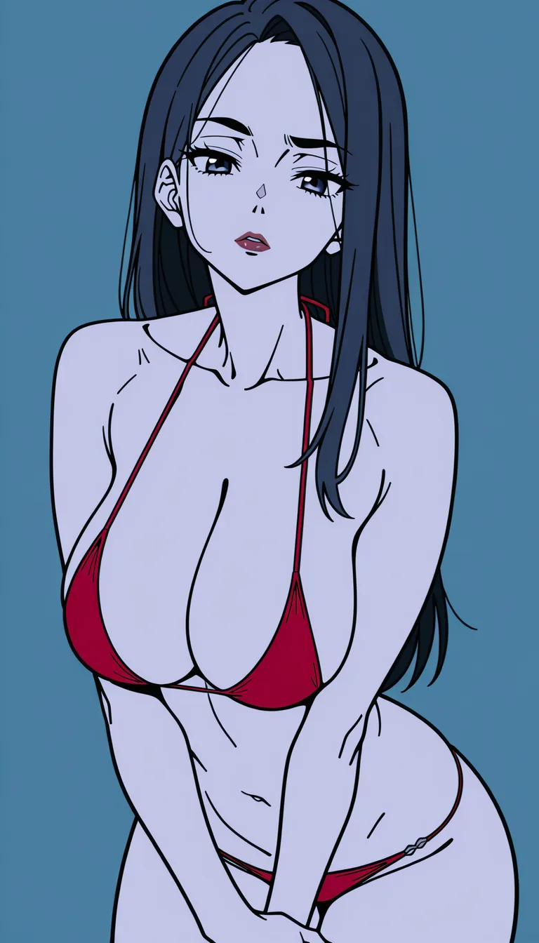 Milf with long, straight black hair parted slightly to one side and falling past her shoulders. Her face is delicate, with fair skin, dark eyebrows, a small nose, and full reddish lips,She is wearing a red halter-style dress or bikini-like outfit, with thin straps around her neck and shoulders. The outfit leaves much of her shoulders, upper chest, and arms exposed. Her figure is portrayed with very pronounced curves,big breasts,big butt,undressed and fingering herself