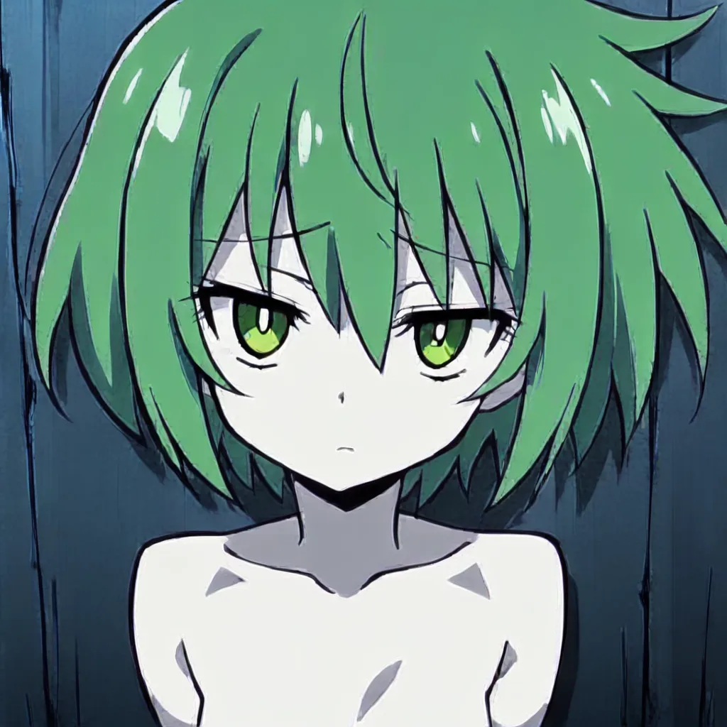 sexy girl, white skin, green eyes, green hair