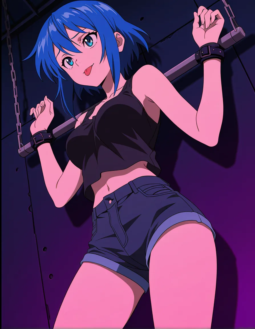 masterpiece, clean art, blue hair, woman, shorts, bondage, mysterious vibe, dutch angle, explicit anime render, short, tongue out, (anime style:1.3), 2d, anime screencap, cel shading, flat color
