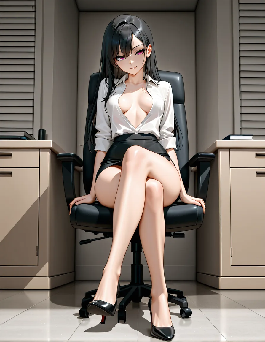 ultra detailed, office lady, small_breasts, open_shirt, upskirt, no_panties, crossed_legs, seductive look, full body, sitting, visual novel art, hentai_studio_quality