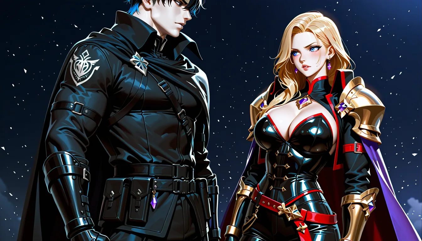 A striking adult woman with a voluptuous hourglass figure and very large, full bust. She has long, wavy golden-blonde hair, elegant feminine features, violet almond-shaped eyes, full lips, and a confident expression. She wears a form-fitting deep-amethyst and black royal military outfit with champagne-gold armor and filigree, a low-cut structured bodice, ornate shoulder pieces, amethyst gemstones, and a flowing violet cape. And A striking adult man with a tall, extremely muscular build, broad shoulders, and a heavily defined, scarred torso. He has pale skin, short tousled black hair with subtle blue highlights, sharp masculine features, piercing icy-blue eyes, and a stern expression. He wears an open black military cloak with crimson-red trim and high collar, metallic insignia, black tactical trousers and belt, leather arm straps, and armored black gloves and gauntlets. In sex.