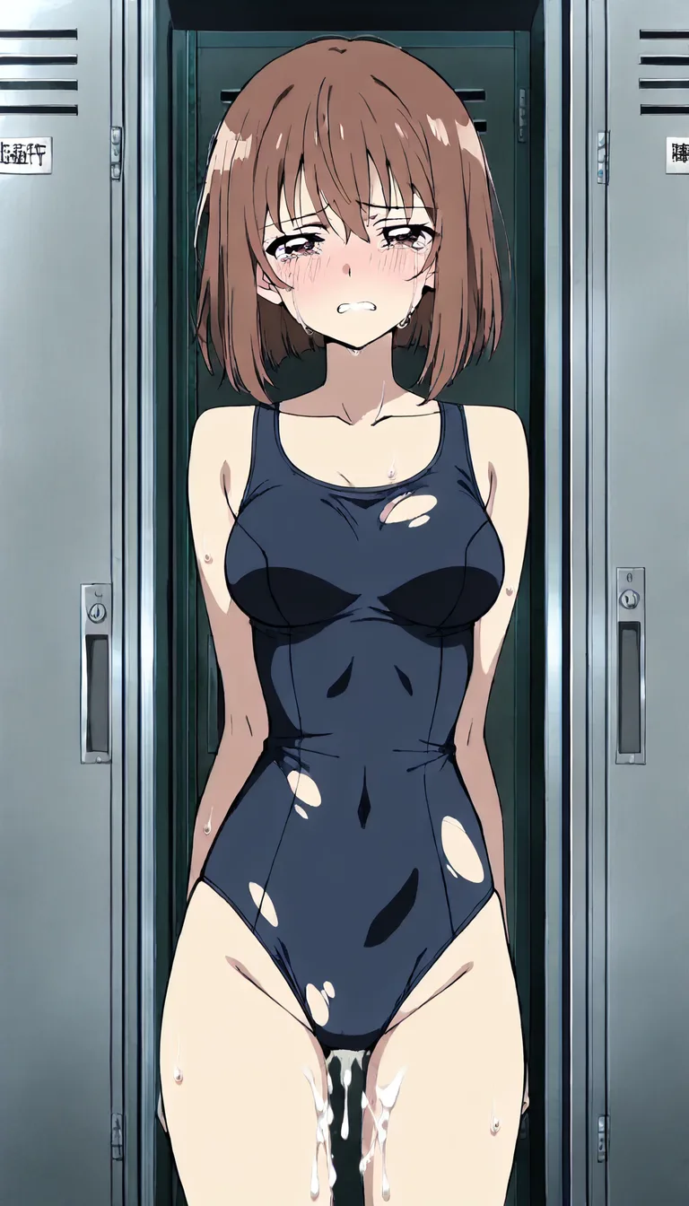 brown hair, medium breasts, crying, tears streaming down face, swimsuit, torn_clothes, fucked in school locker room , covered in cum, cumdrip