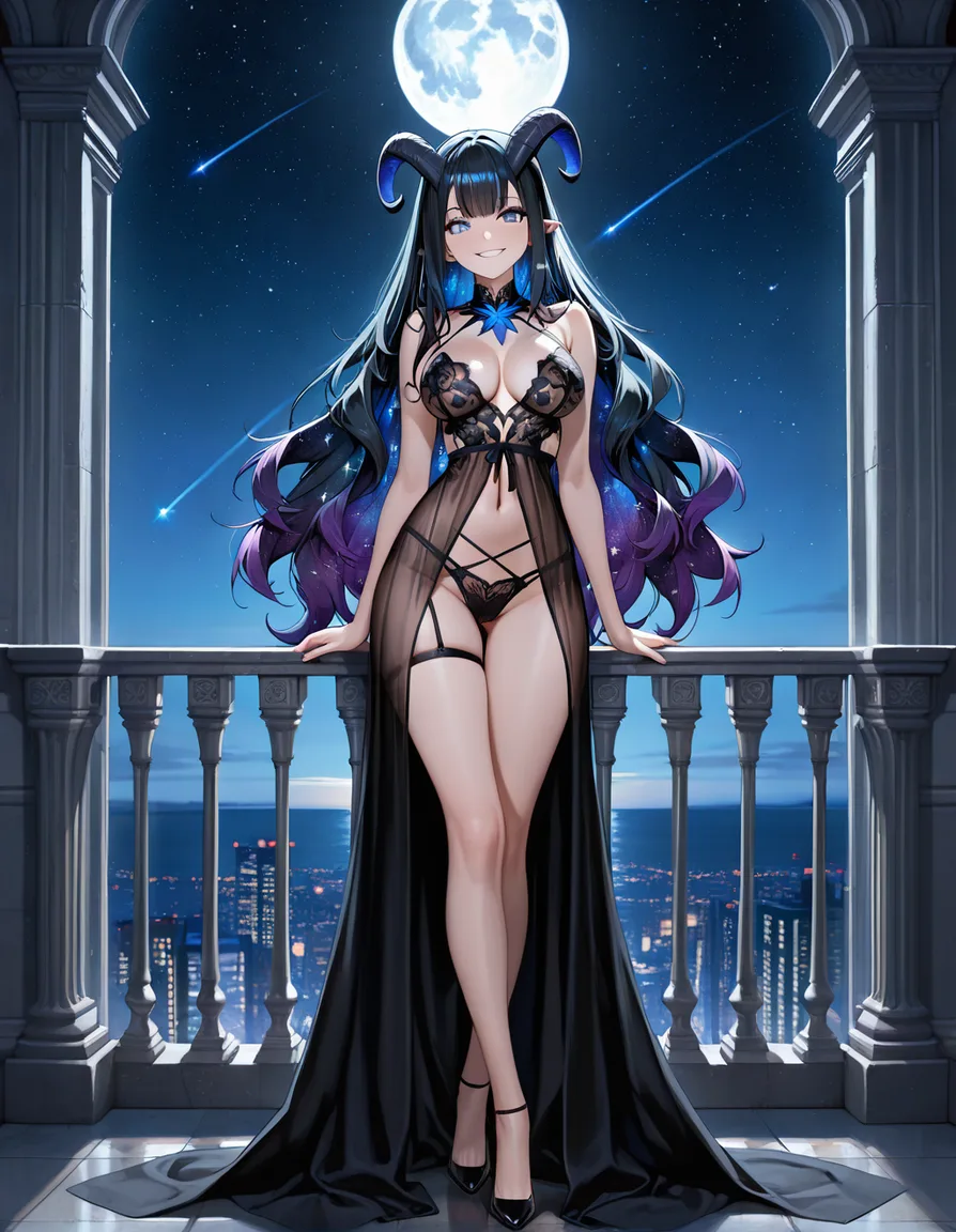 Princess of the night, Full moon, Black Lingerie, Balcony, Stars, Black starry hair, full body, smiling at viewer, presenting tits, hentai_studio_quality