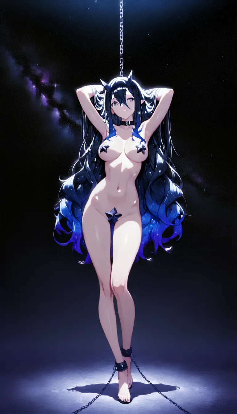 Princess of the night, Stars, Black starry hair, full body, no horns, nude, bondage, lesbian, strapon