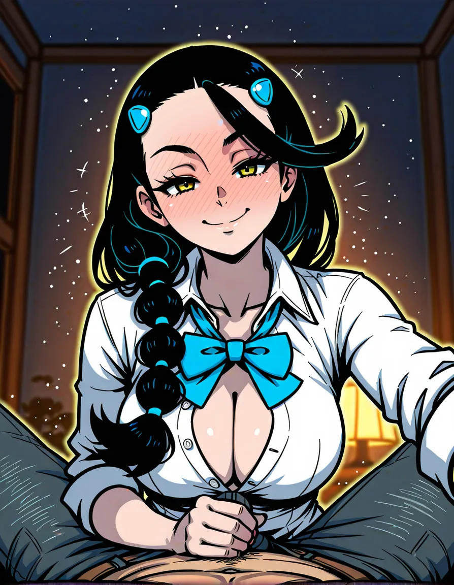#akairiot_artstyle, @candice_(pokemon), pokemon, 1girl, black_hair, multi-tied_hair, hair_down, yellow_eyes, blue_hairclip, collared_shirt, white_shirt, blue_bowtie, cleavage, partially_unbuttoned, large_breasts, full-face_blush, smile, upper_body, handjob, pov, hentai_studio_quality