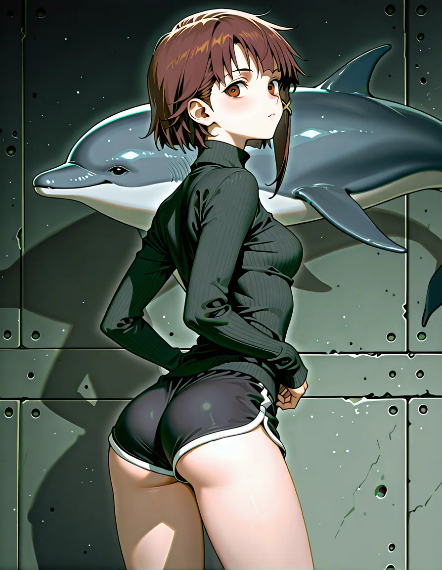 #minaba_hideo_artstyle, @iwakura_lain, serial_experiments_lain, 1girl, solo, aged_up, medium_breasts, brown_hair, short_hair, single_sidelock, x_hair_ornament, black_turtleneck_sweater, dolphin_shorts, black_shorts, ass, standing, full_body, looking_back, from_behind, hentai_studio_quality