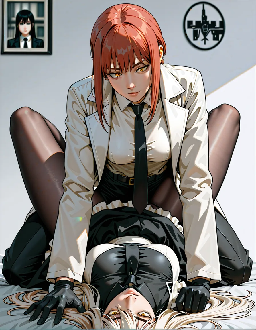 ultra HD, lifelike, milf, black gloves, missionary, RAW photo_(object), necktie, white_hair, long_skirt long_hair straight_hair, maid, white_background, mspaintadventure, photorealistic, @makise_kurisu, full_body, lab_coat, science_fiction, military_uniform, @makima_(chainsaw_man), hentai_studio_quality