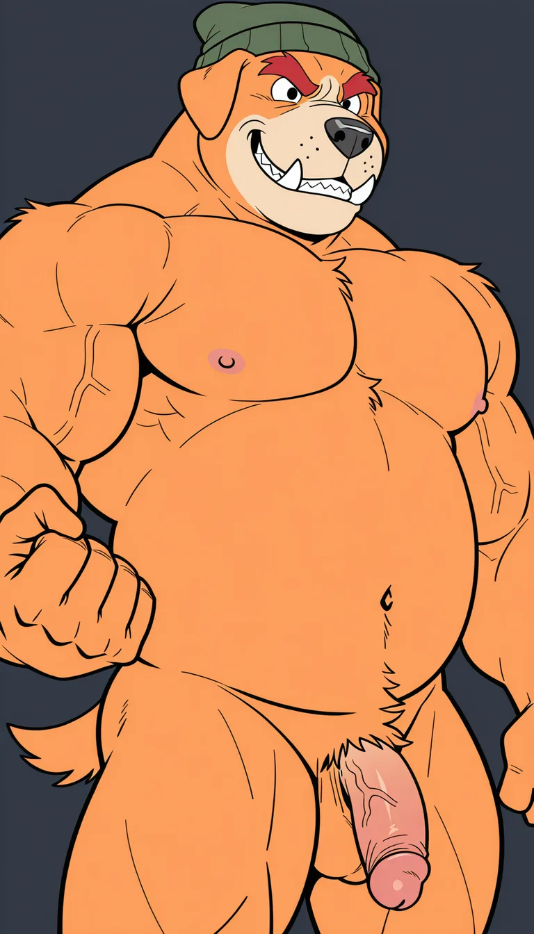 best quality, high quality, amazing quality, male, solo, anthro dog, buff, big and huge muscles, orange body/fur, thick arms, short tail, black eyes, thick red eyebrows, short ears, gray muzzle, black nose, grinning, wide grin, happy, orange belly, orange breast, tusks, angry, green beanie with red "D", bulldog, nipples, navel, naked, penis