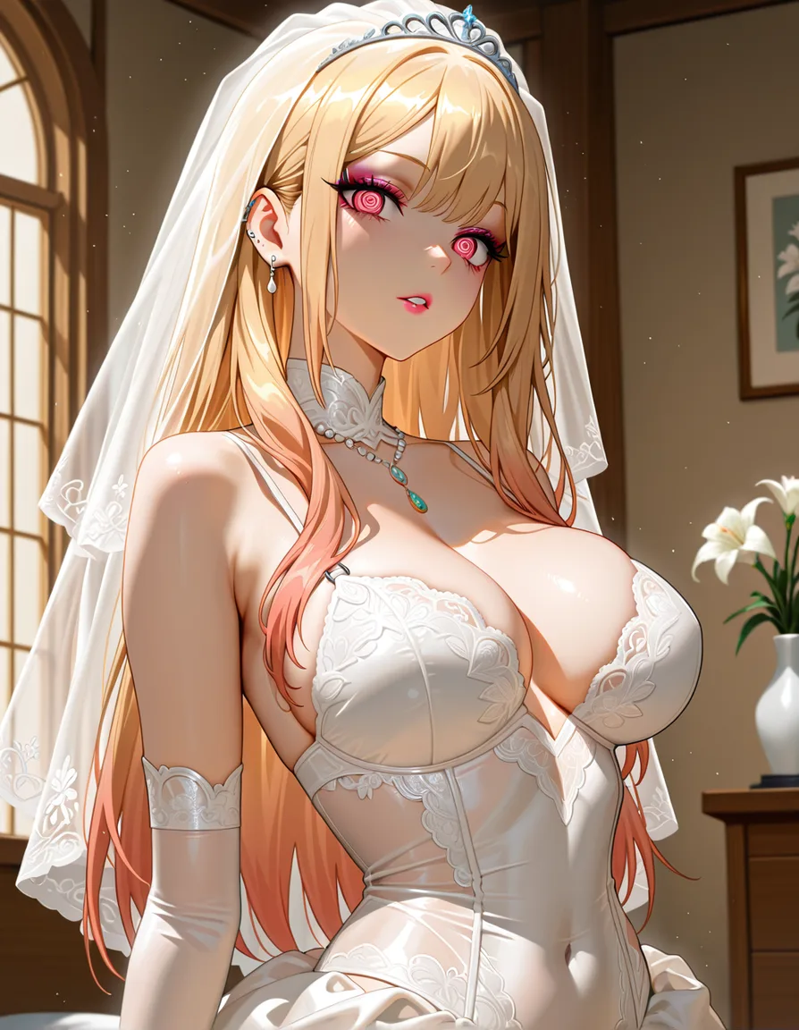 /ultra_detaile @kitagawa_marin #wedding_dress #@_@ #lingerie #expressionless #makeup #lipstick #parted_lips, hentai_studio_quality