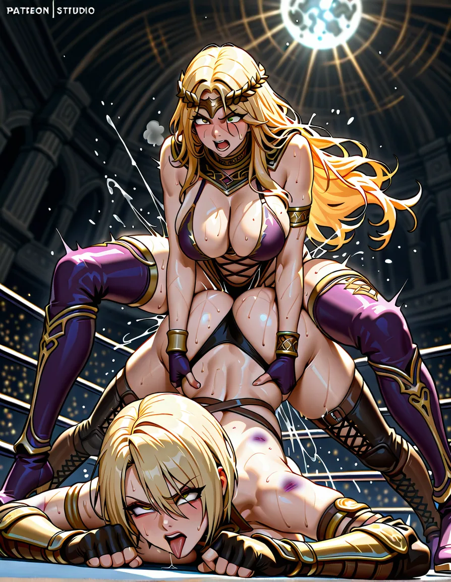 queen_marika_(elden_ring) , isabella_valentine_(soul_calibur) , wrestling , catfight , angry , ahegao , strapon , squirting, bruised, sweat, angry, doggystyle, hentai_studio_quality