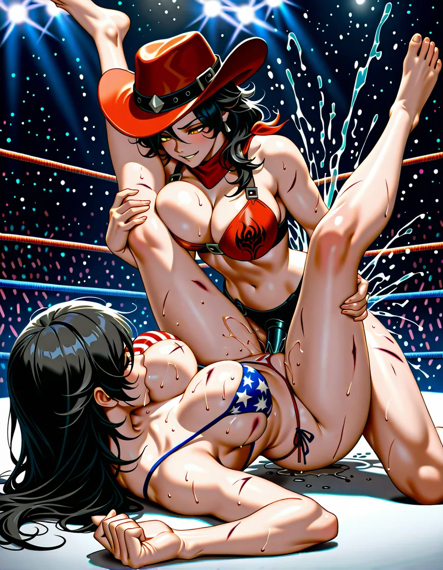 Cinder_fall_(rwby)_black_hair, @tina_armstrong_(dead_or_alive)_blonde_hair cowboy_hat, , 2girls yuri sex , wrestling_ring, wrestling orgasm pussy_juice, defeated, squirting , bruised, strap-on vaginal missionary breast_sucking, legs_up ,, american_flag_bikini,,, hentai_studio_quality