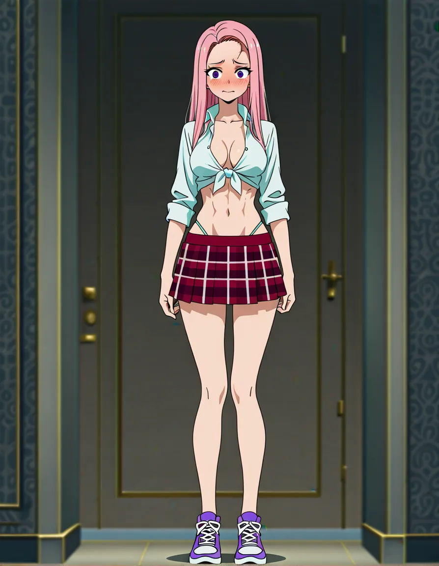 absurdres, highres, nervous blush, dress_shirt, front-tie_top, black with red plaid_skirt, miniskirt, low-rise_skirt, athletic, abs, rose pink_hair, long_hair, straight_hair, exposed forehead, light teal blue highleg_panties, black with red sneakers, royal purple_eyes, straight-on, full_body. medium_breasts, 1girl, solo_focus, female_focus, no_bra,, (anime style:1.3), 2d, anime screencap, cel shading, flat color